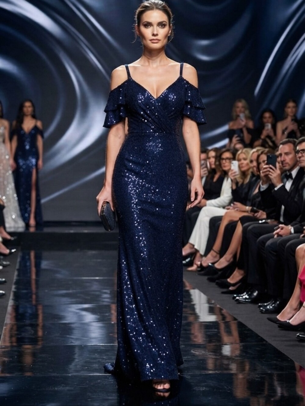 Blue, cami, Flutter Sleeve, V Neck, Sequined Mermaid Gown